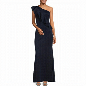 NWT Jessica Howard Sleeveless One Shoulder Ruffle Scuba Sheath Gown